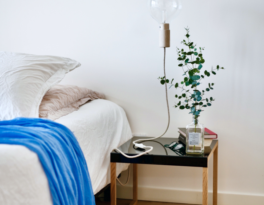 Bedroom with plush bed and bedside table with lamp, plant, glasses, and books.