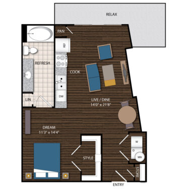 Rendering of the A6.1 floor plan with 1 bedroom[s] and 1 bathroom[s] at Magnolia Station