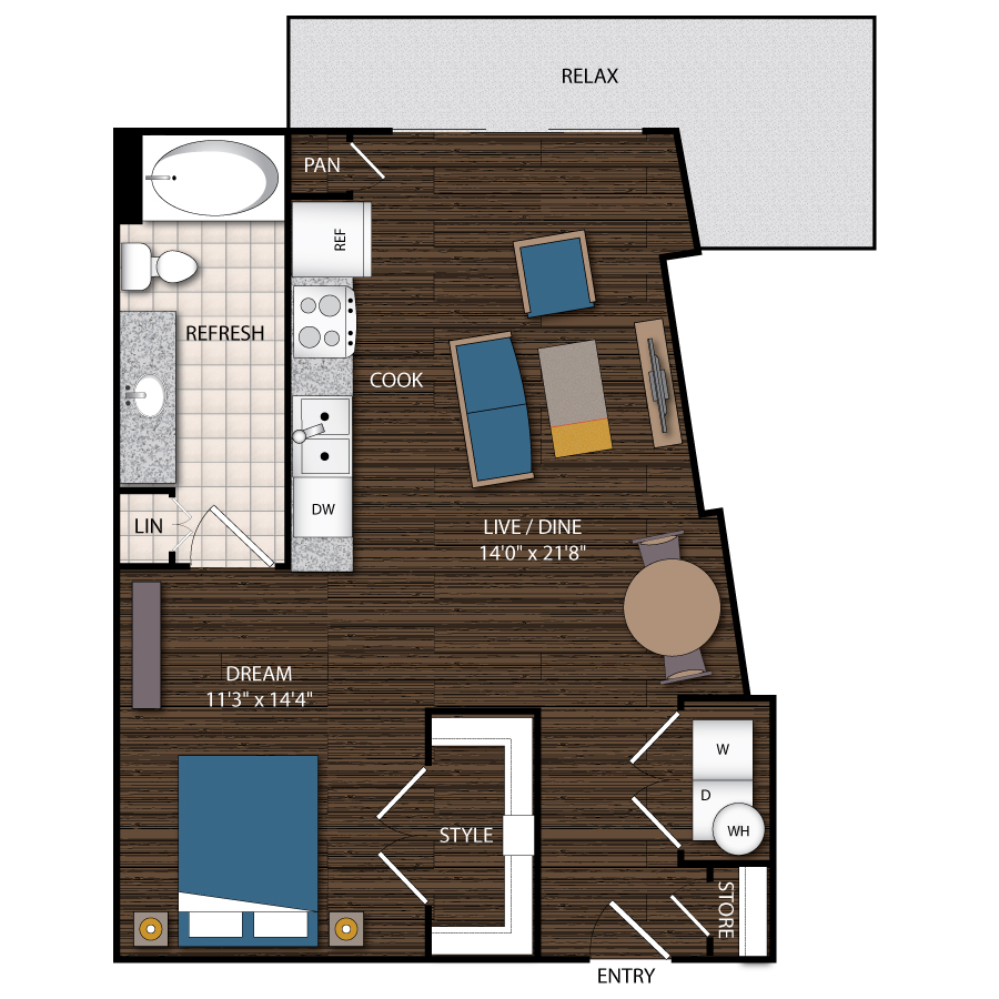 Rendering of the A6.1 floor plan with 1 bedroom[s] and 1 bathroom[s] at Magnolia Station
