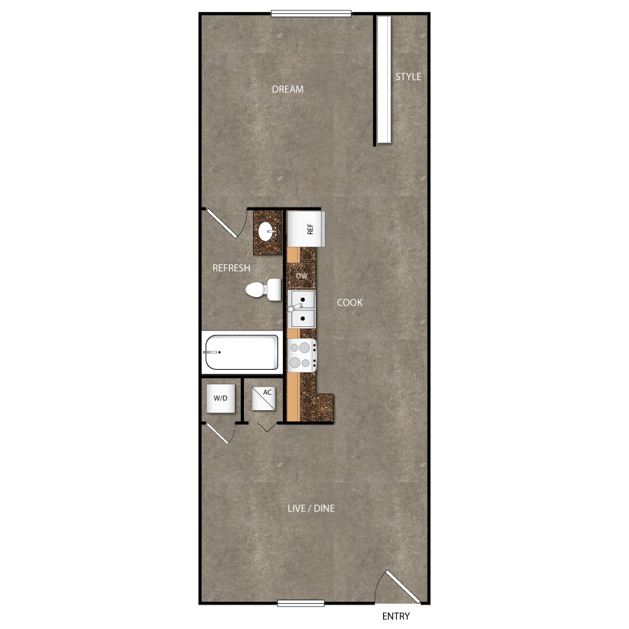 Rendering of the Loading Dock floor plan with 1 bedroom[s] and 1 bathroom[s] at Magnolia Station