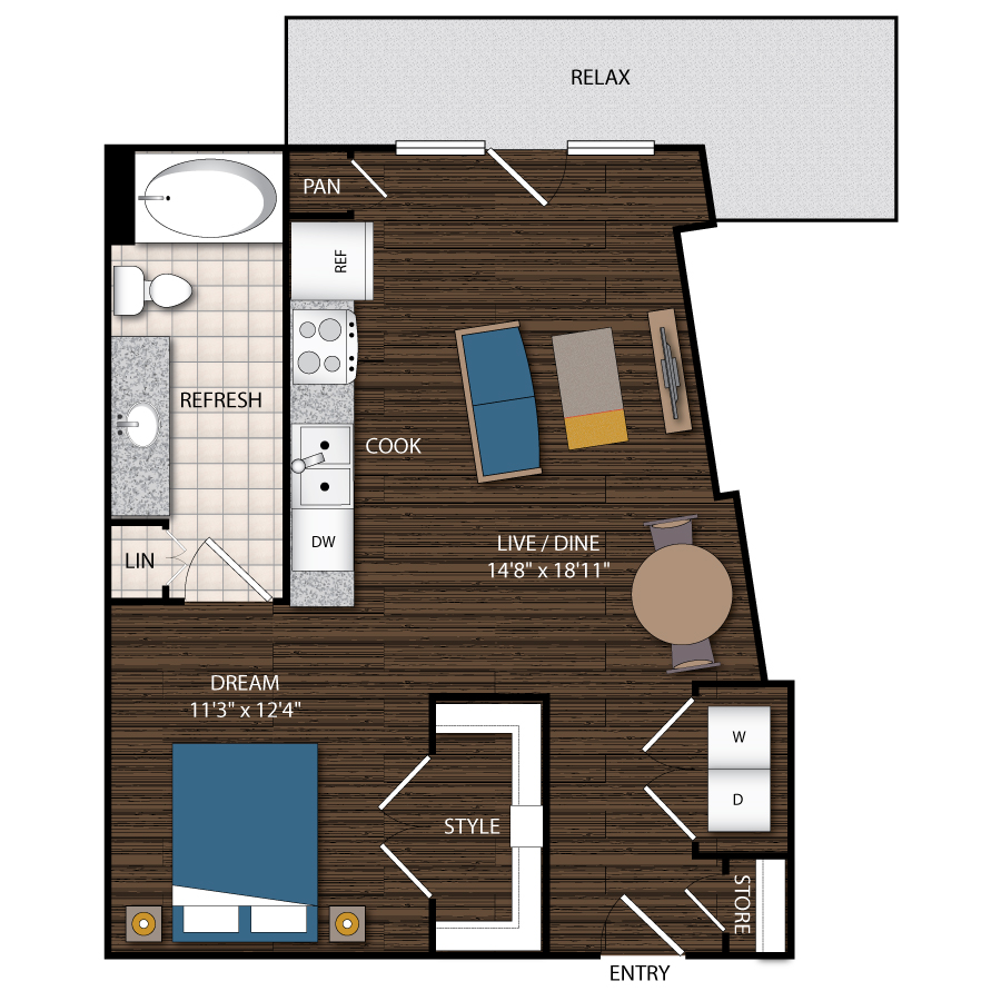 Rendering of the A6 floor plan with 1 bedroom[s] and 1 bathroom[s] at Magnolia Station