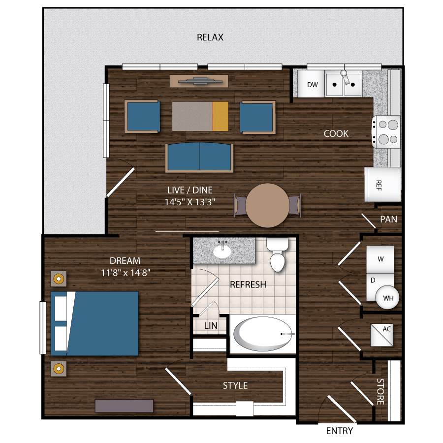 Rendering of the A7.2 floor plan with 1 bedroom[s] and 1 bathroom[s] at Magnolia Station
