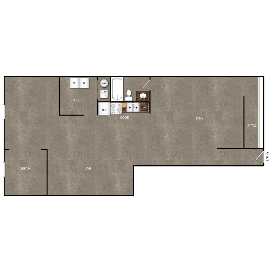 Rendering of the A103 floor plan with 1 bedroom[s] and 1 bathroom[s] at Magnolia Station
