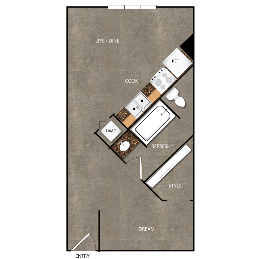 Rendering of the A2 floor plan with 1 bedroom[s] and 1 bathroom[s] at Magnolia Station