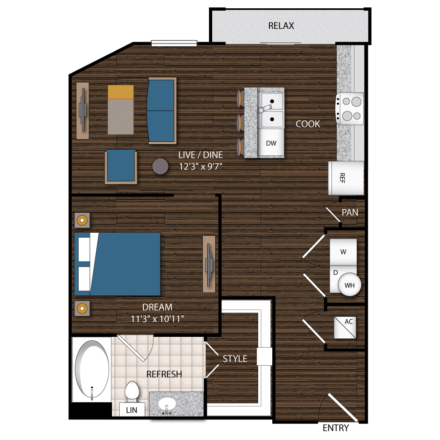 Rendering of the A7 floor plan with 1 bedroom[s] and 1 bathroom[s] at Magnolia Station