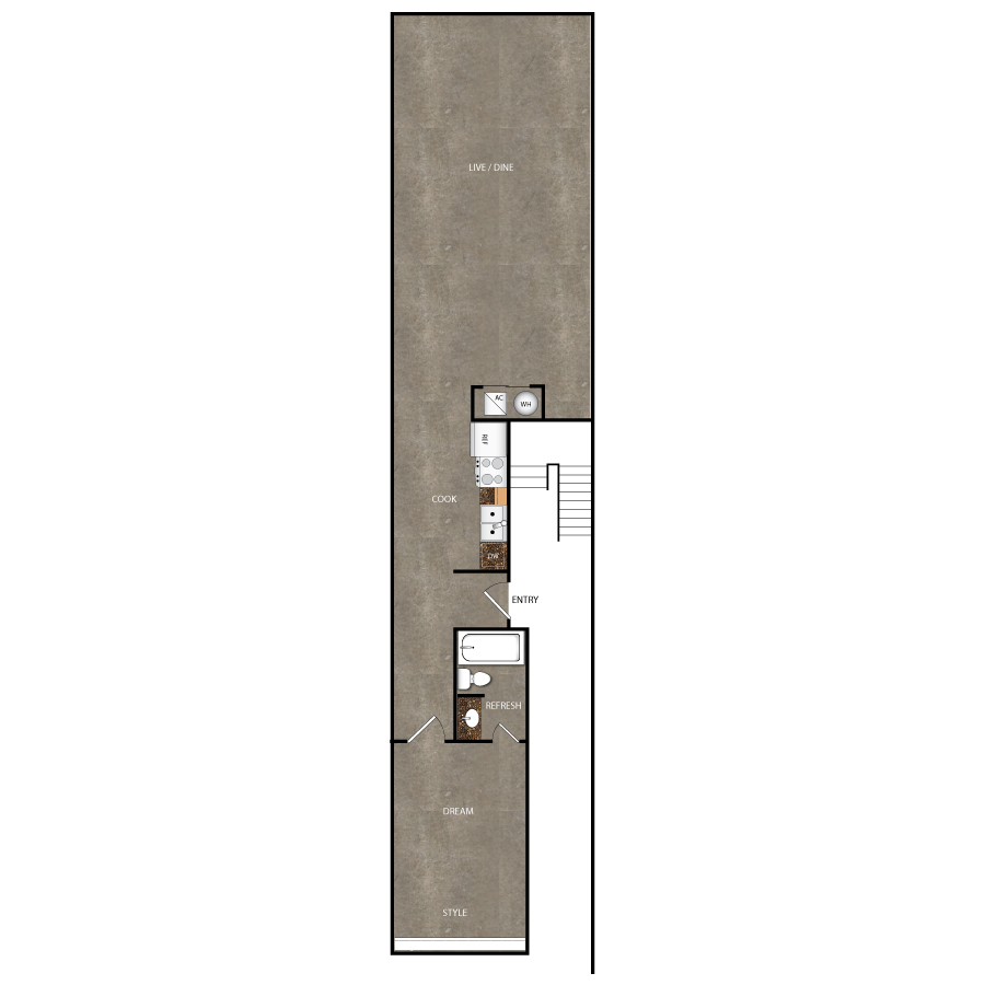 Rendering of the A107 floor plan with 1 bedroom[s] and 1 bathroom[s] at Magnolia Station