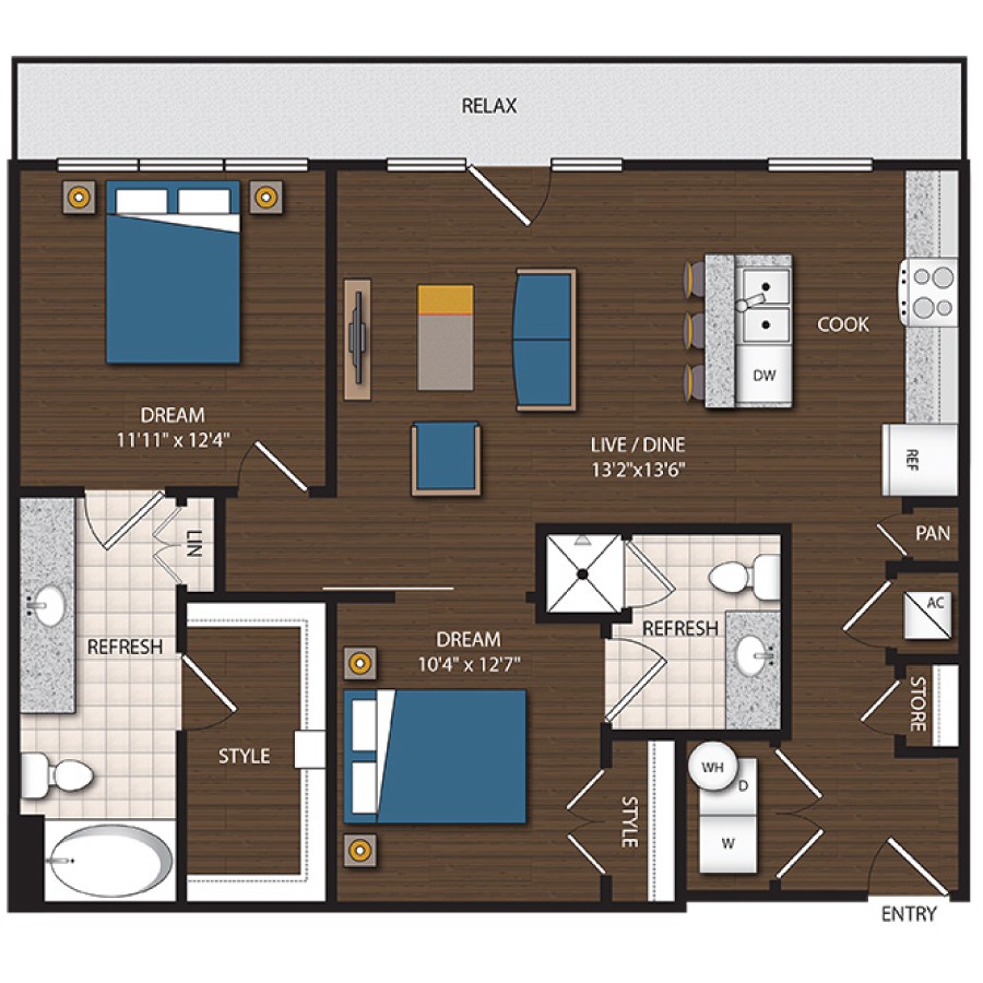 Rendering of the B1 floor plan with 2 bedroom[s] and 2 bathroom[s] at Magnolia Station