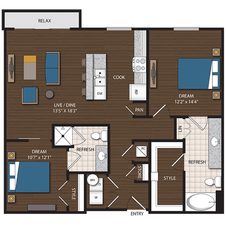 Rendering of the B2.1 floor plan with 2 bedroom[s] and 2 bathroom[s] at Magnolia Station