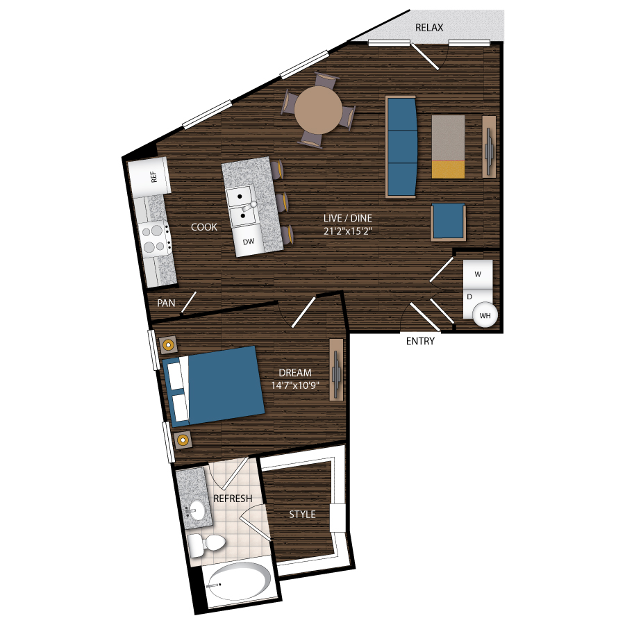 Rendering of the A7.3 floor plan with 1 bedroom[s] and 1 bathroom[s] at Magnolia Station