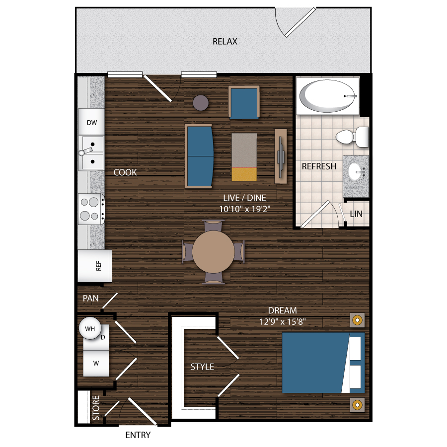 Rendering of the A6.2 floor plan with 1 bedroom[s] and 1 bathroom[s] at Magnolia Station