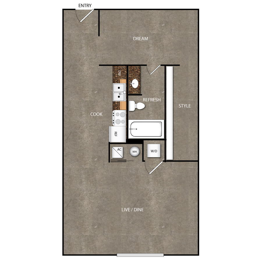 Rendering of the A3 floor plan with 1 bedroom[s] and 1 bathroom[s] at Magnolia Station