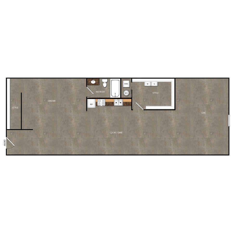 Rendering of the A102 floor plan with 1 bedroom[s] and 1 bathroom[s] at Magnolia Station